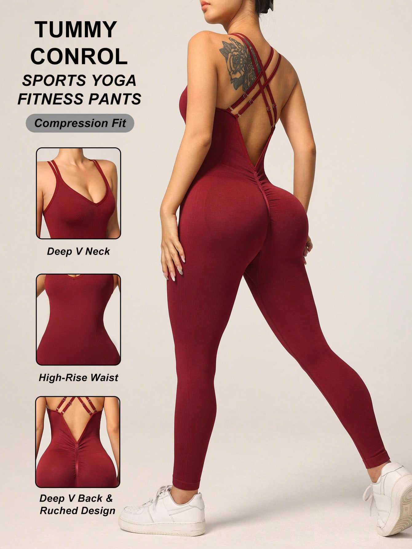 Pilates Ankle Strap - レディース バックレス ヨガ ボディスーツ クロスストラップ リブ編み