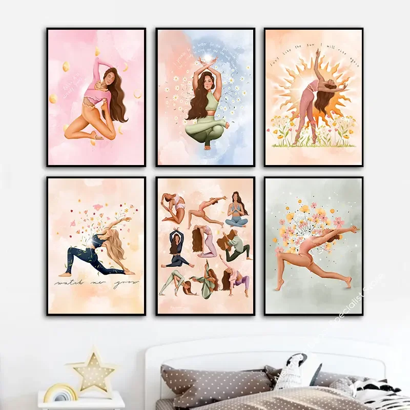 Pilates Yoga Room - リビングルームの装飾、ヨガの壁の芸術、自由奔放に生きるピラティス、運動女性、キャンバスの絵画のための北欧の漫画のポスターとプリントの写真