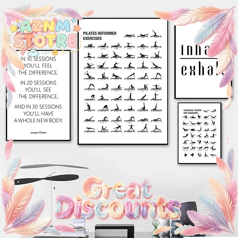 Pilates Yoga Room - ピラティスワークアウトチャートポスターキャンバスプリント、ヨガルームの壁飾り、ピラティスギフト、ボディビルディングガイド、フィットネスジムの絵画