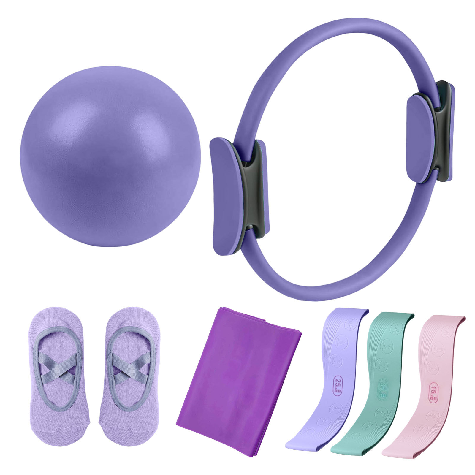 Pilates Yoga Combined - ピラティスサークルレジスタンスバンド7点セット、ストレッチ補助用プルバンド、ヨガソックス、チューブボール、スリミングコンビネーション