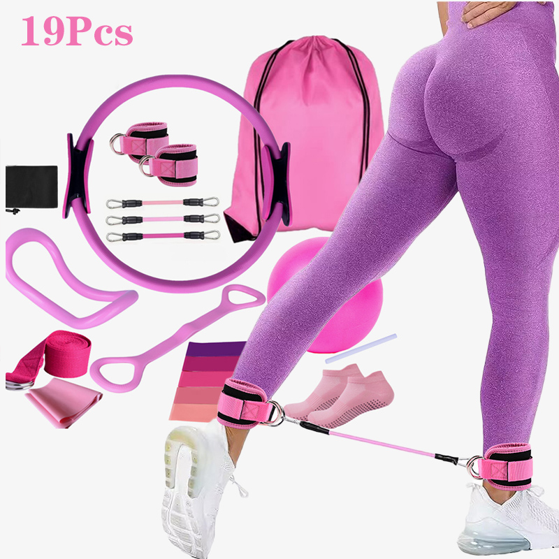 Pilates Ankle Strap - ヨガピラティスサークル19点セットフィットネスアンクルストラップトレーナーストレッチベルトグラデーションカラーエラスティックセットピラティスエクササイズバンドホーム